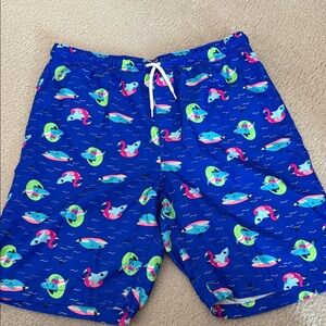 Boy’s aBlue Swim Shorts with Colorful Surfboard/Shark Print